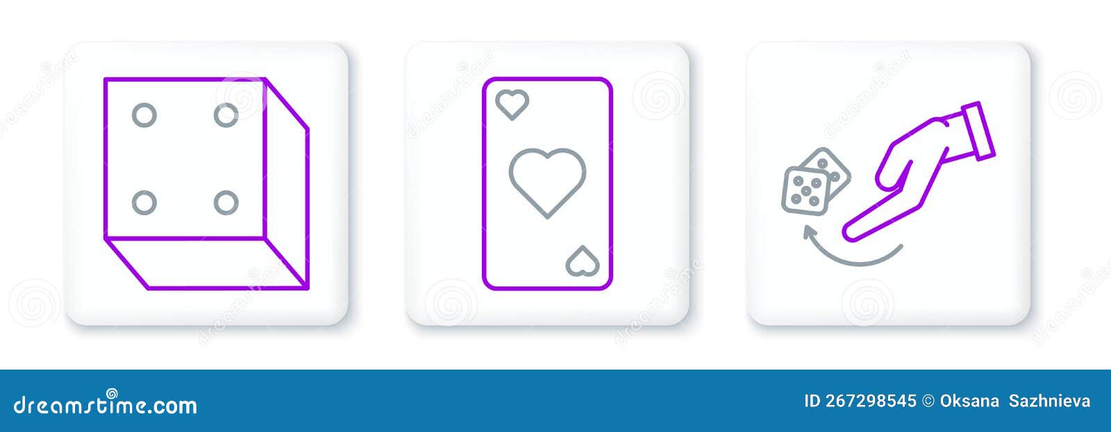set line human hand throwing game dice, game and playing card with heart  icon. 