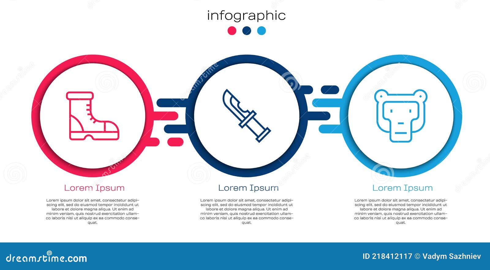set line hunter boots, knife and monkey. business infographic template. 