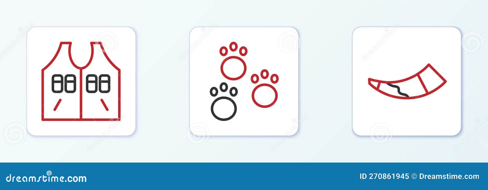 Set Line Hunting Horn, Jacket and Paw Print Icon. Vector Stock Vector