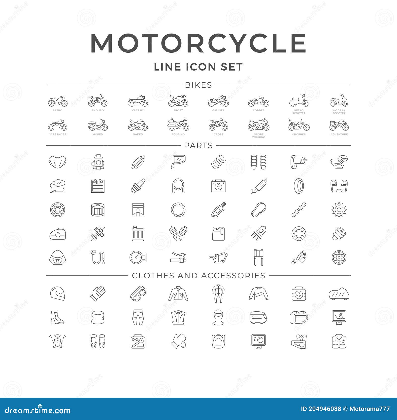 set line icons of motorcycle parts and accessories
