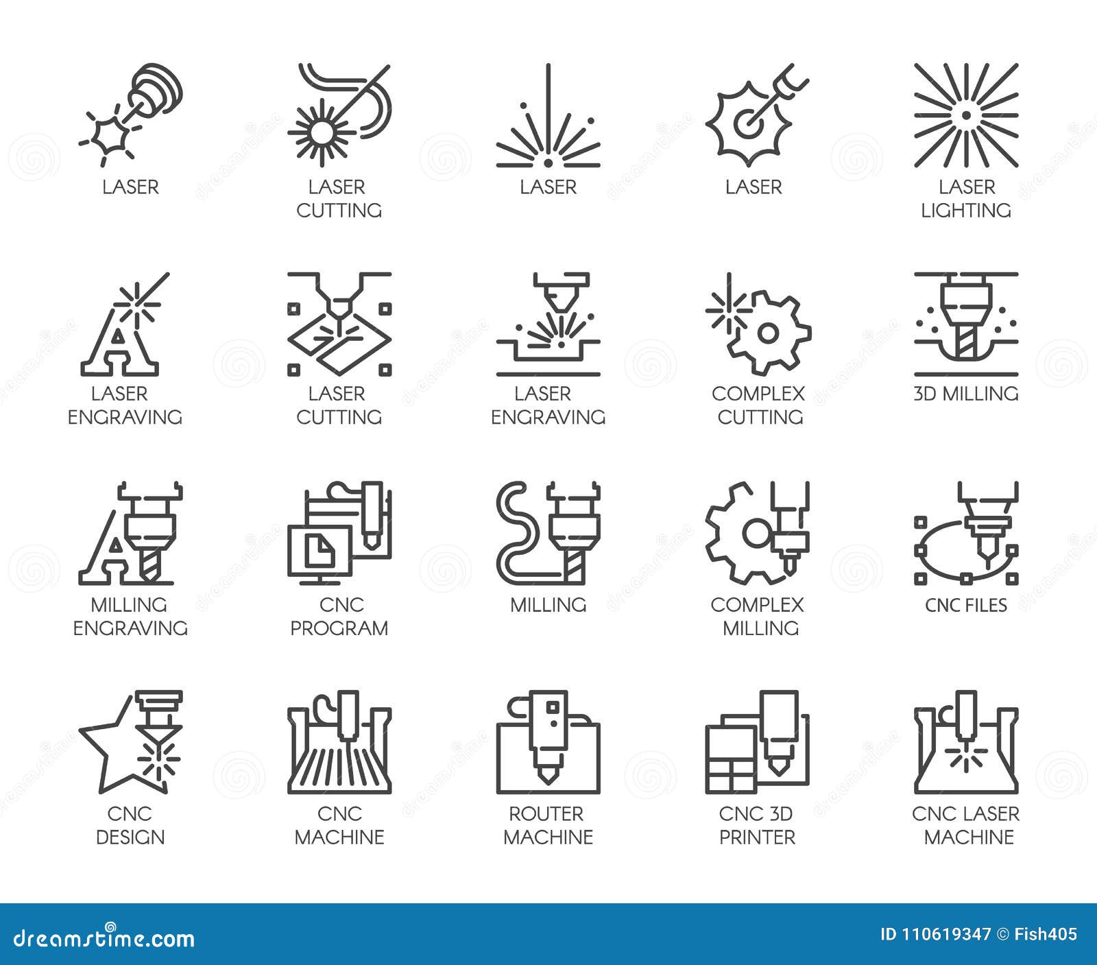 set of 20 line icons in series of laser cutting. computer numerical controlled printer, 3d milling machine
