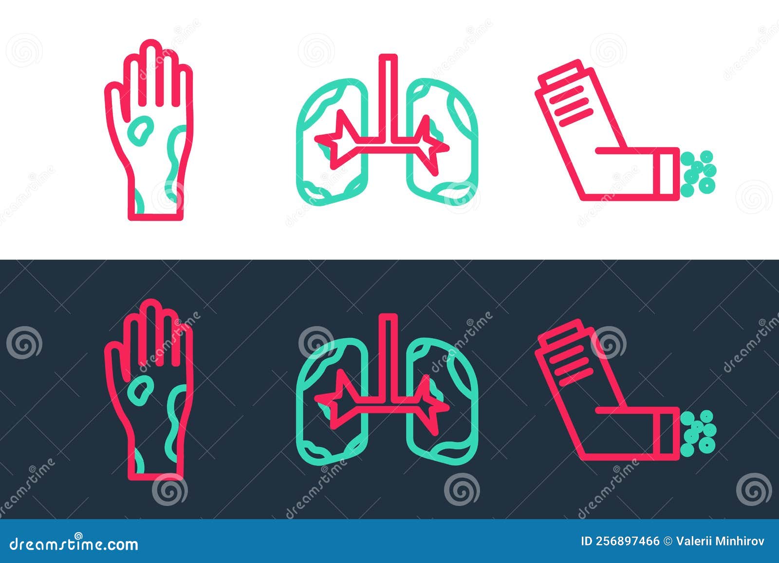 Set Line Inhaler, Hand with Psoriasis or Eczema and Lungs Icon. Vector
