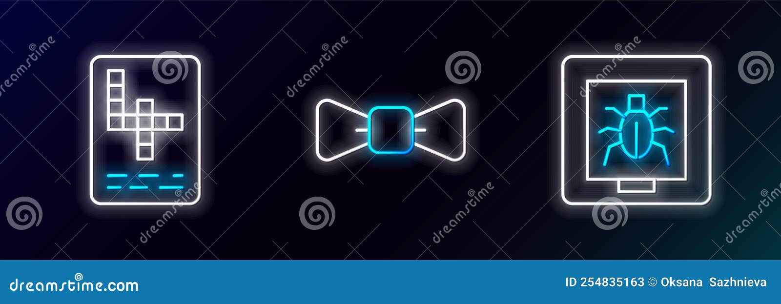 Set Line Insects in a Frame, Crossword and Bow Tie Icon. Glowing Neon