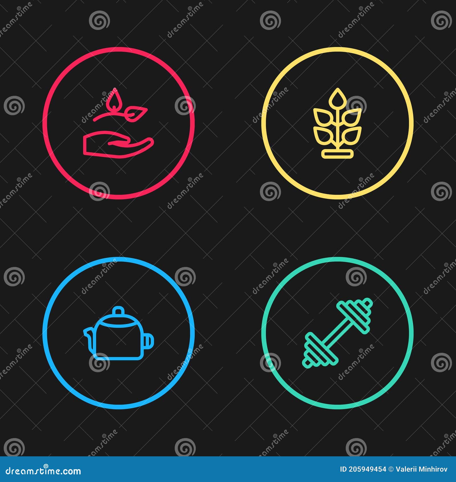 Set Line Kettle with Handle, Dumbbell, Plant and Leaf in Icon. Vector