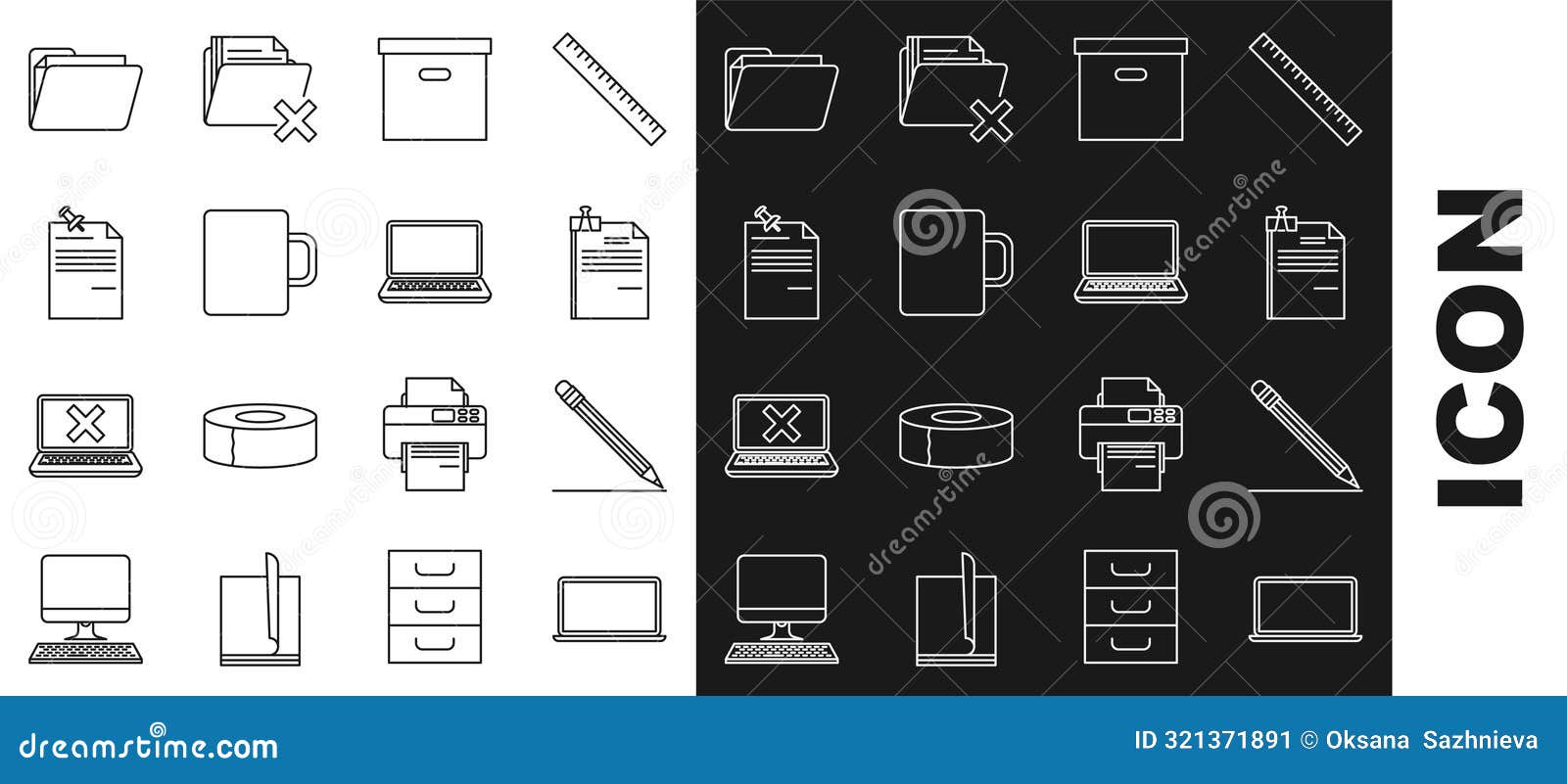 set line laptop, pencil with eraser and line, file document binder clip, carton cardboard box, coffee cup, note paper