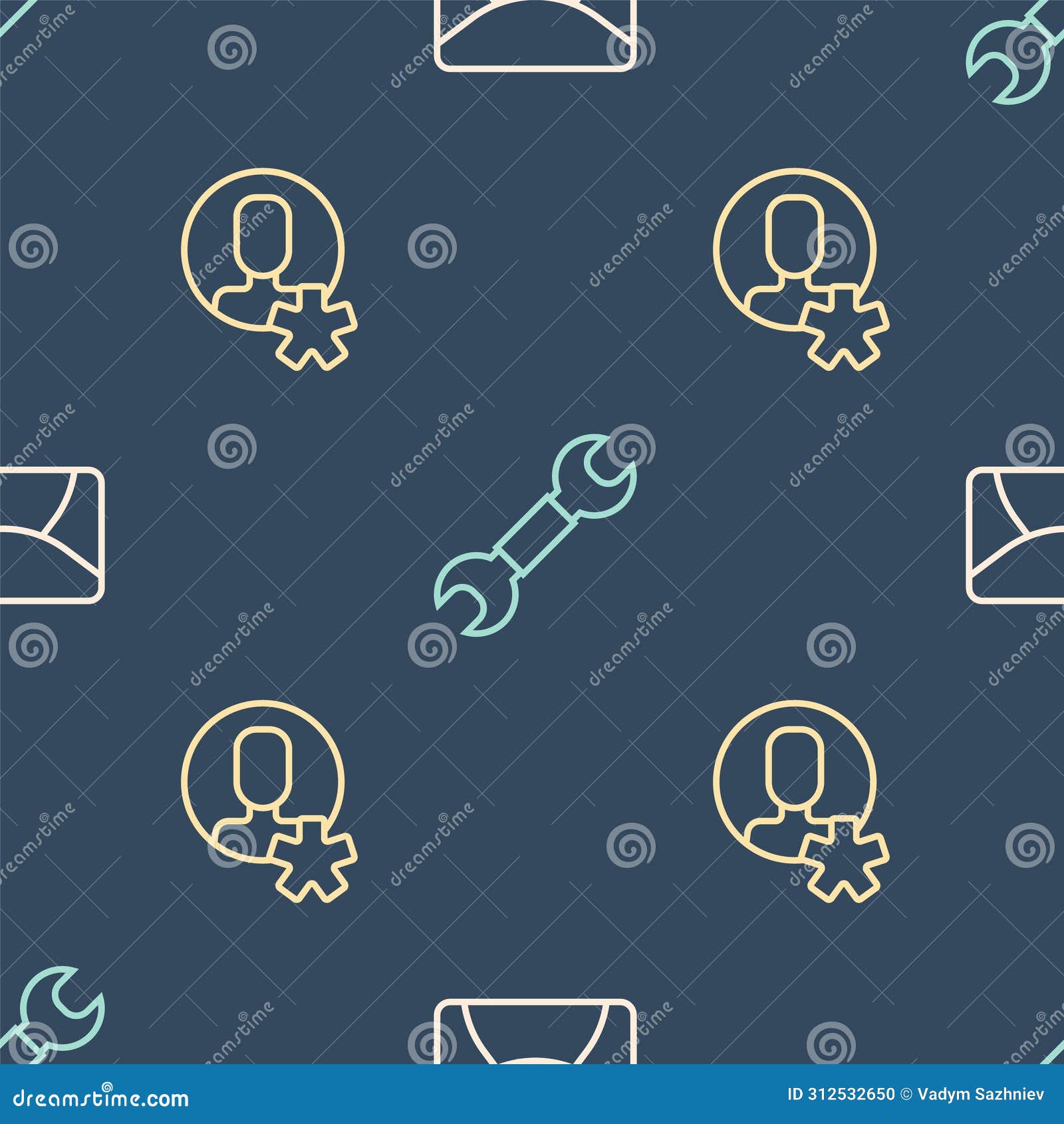set line mail and e-mail, elected employee and wrench spanner on seamless pattern. 