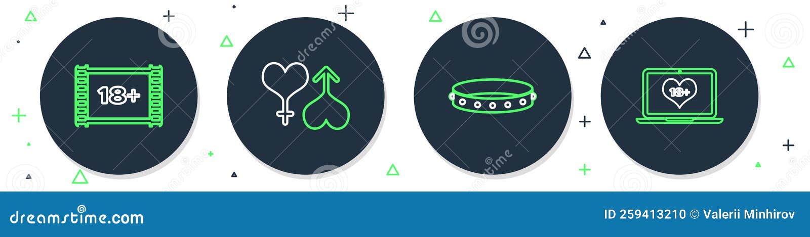 Set Line Male and Female Heart, Leather Fetish Collar, Play Video with 18  Plus and Laptop Content Icon. Vector Stock Illustration - Illustration of  sign, symbol: 259413210