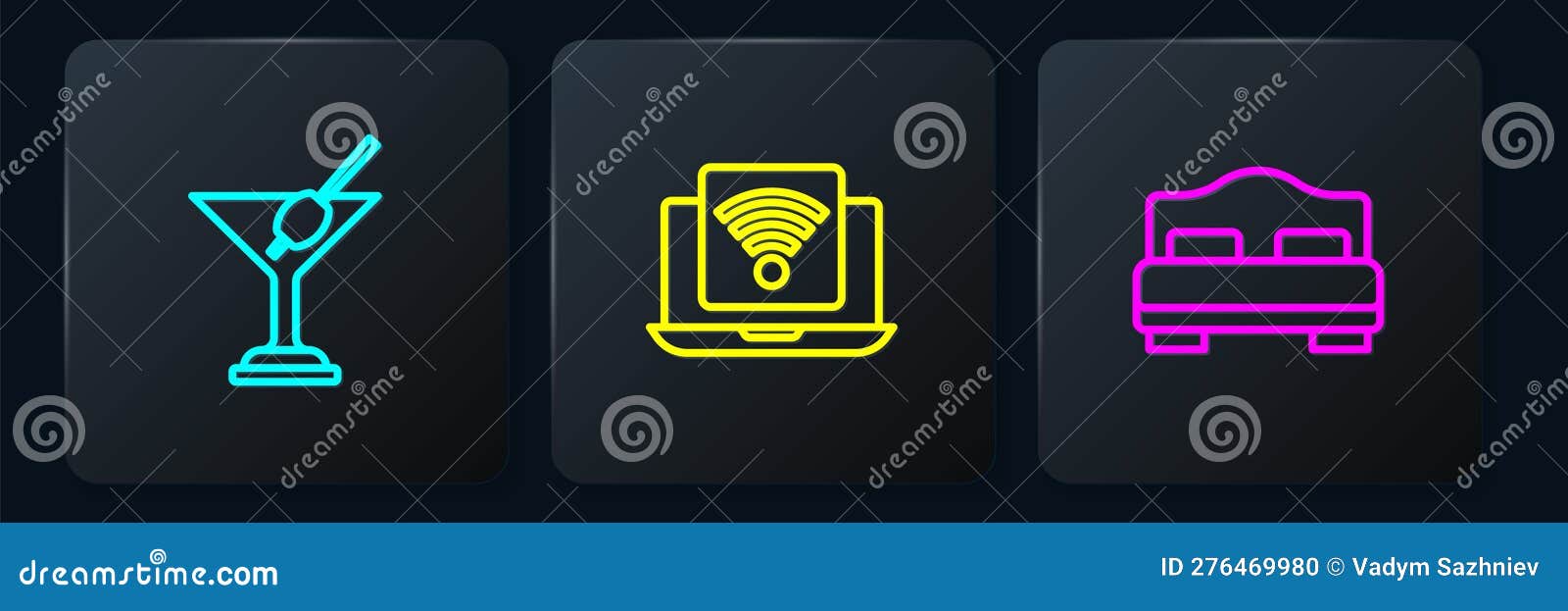 Set Line Martini Glass, Hotel Room Bed and Wireless Laptop. Black