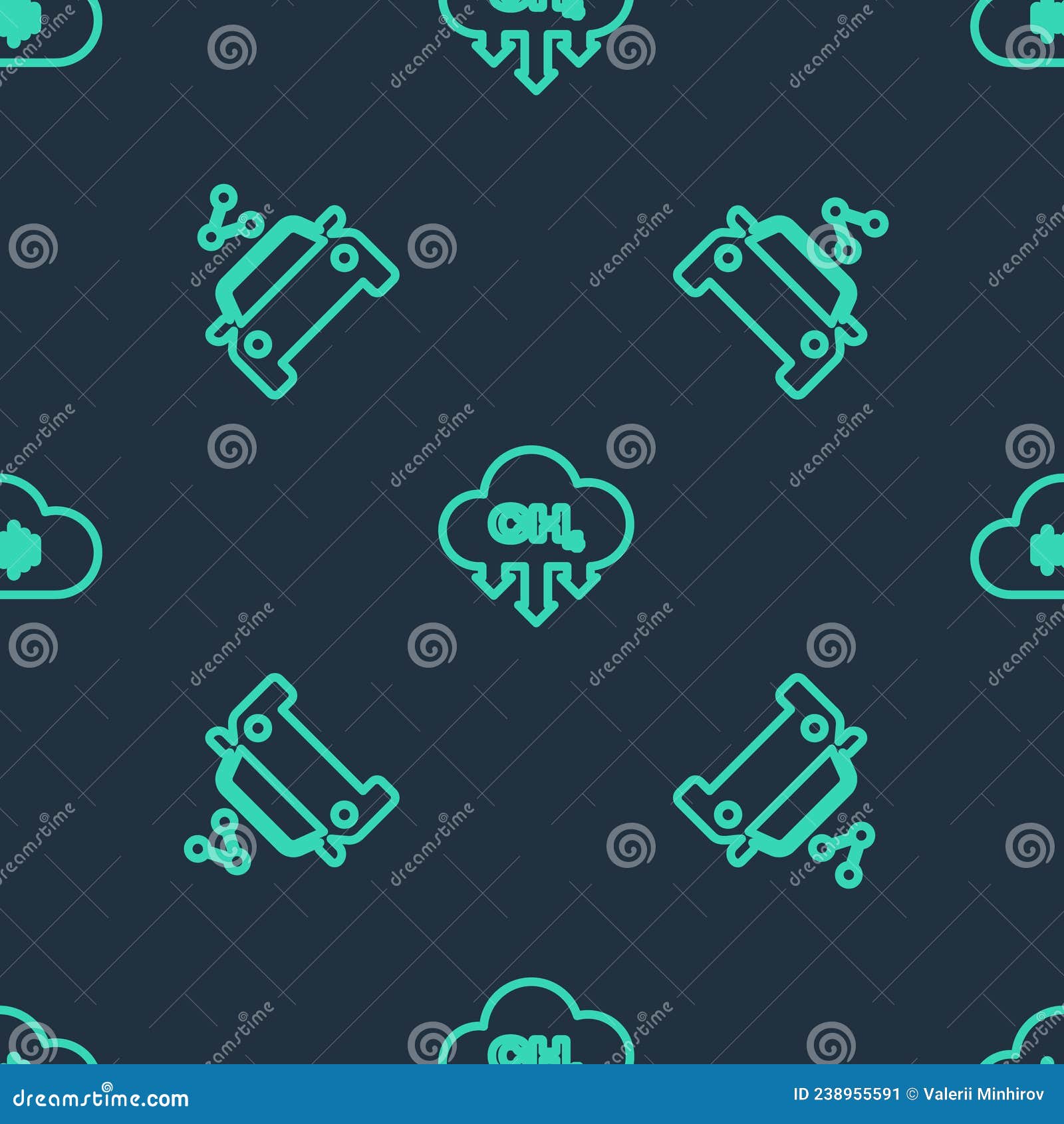 set line methane emissions reduction, car sharing and music streaming service on seamless pattern. 