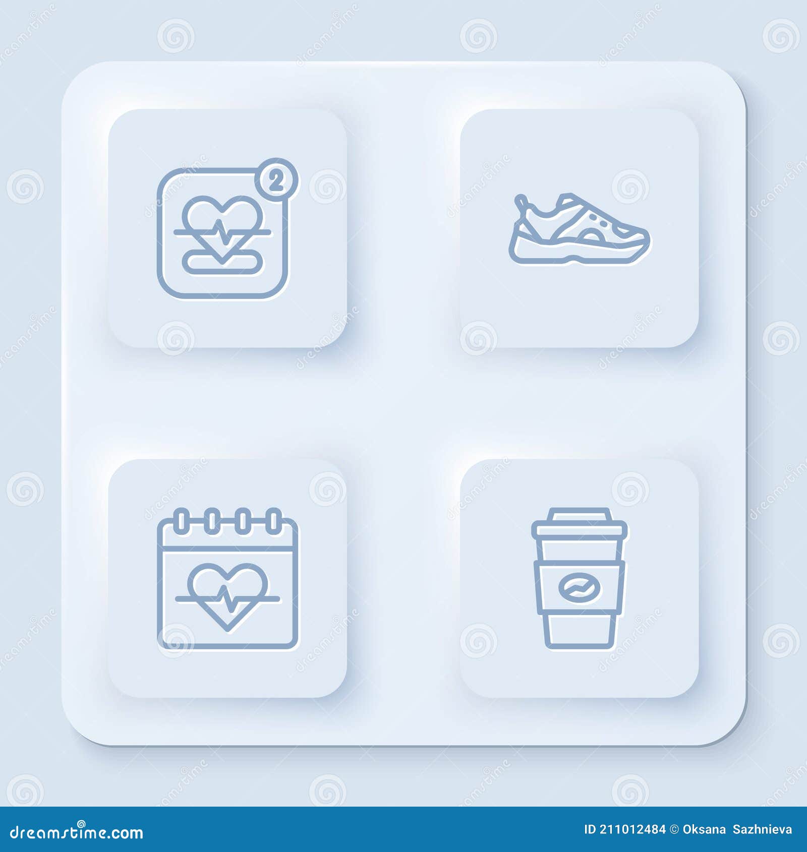 set line mobile with heart rate, sport sneakers, heart and coffee cup to go. white square button. 