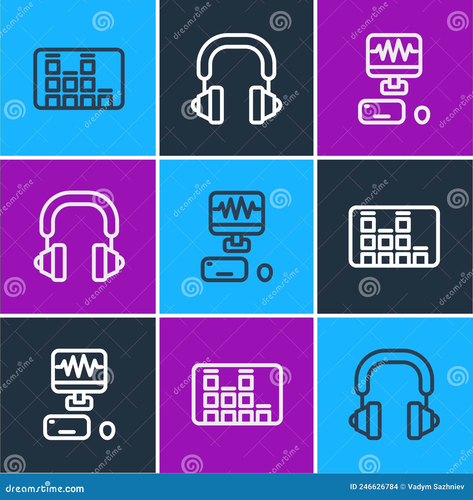 Set Line Music Equalizer, Recording Studio and Headphones Icon. Vector