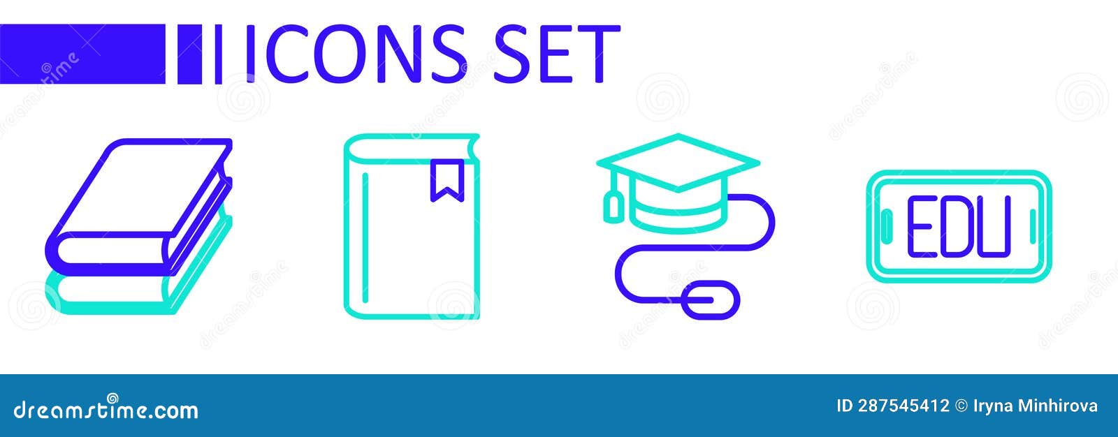 Set Line Online Education, Graduation Cap with Mouse, Book and Icon
