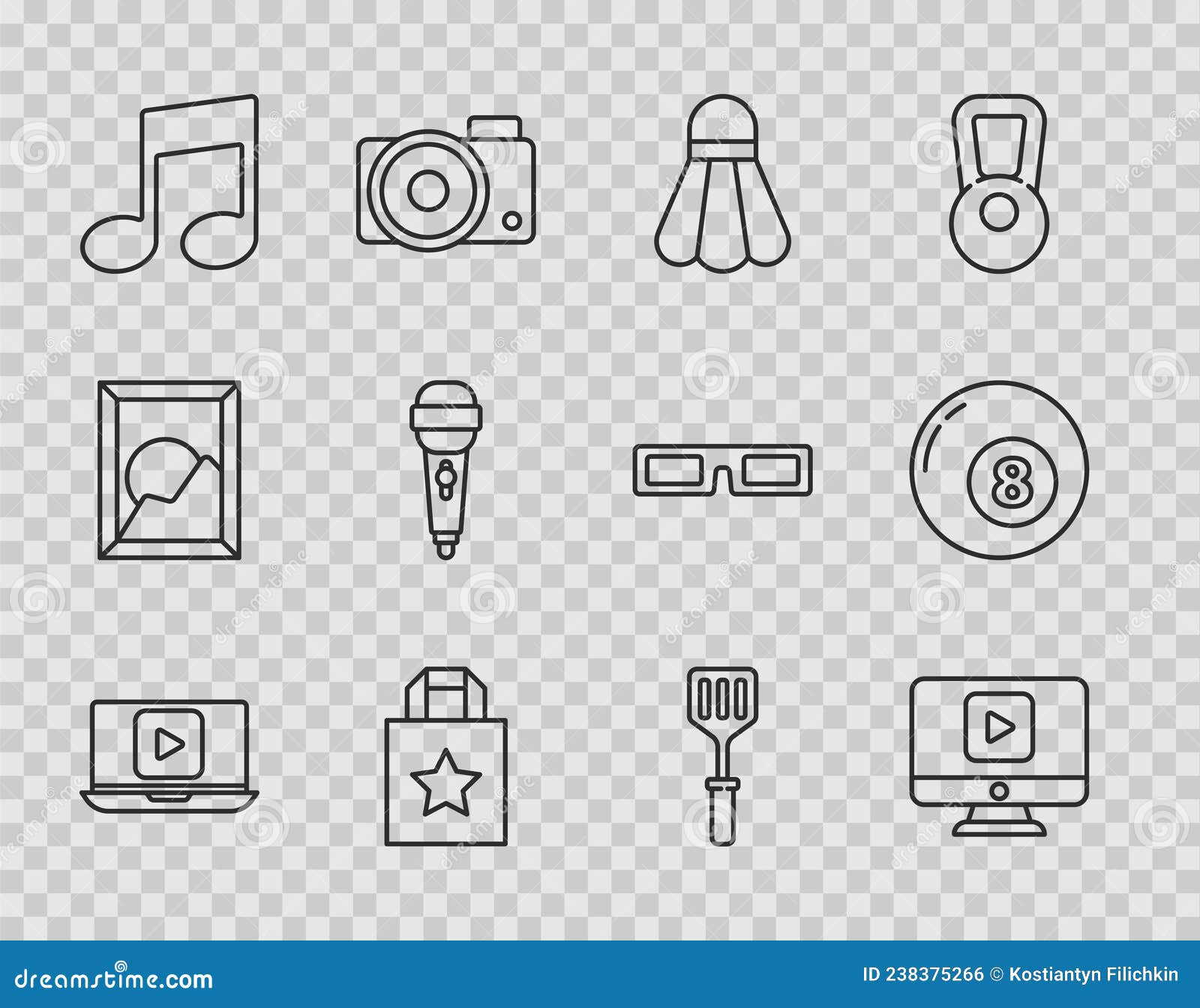 Set Line Online Play Video, Badminton Shuttlecock, Paper Shopping Bag, Music Note, Tone, Microphone, Spatula and Stock Vector