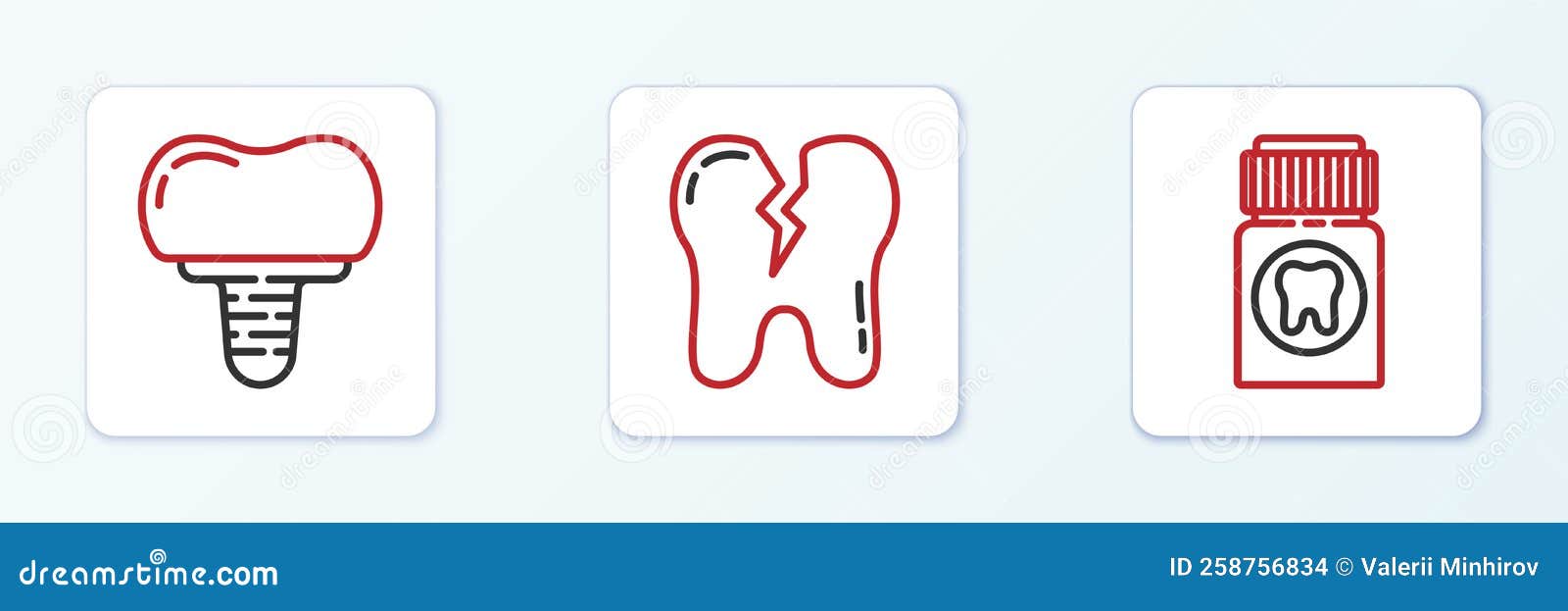 Set Line Painkiller Tablet, Dental Implant and Broken Tooth Icon