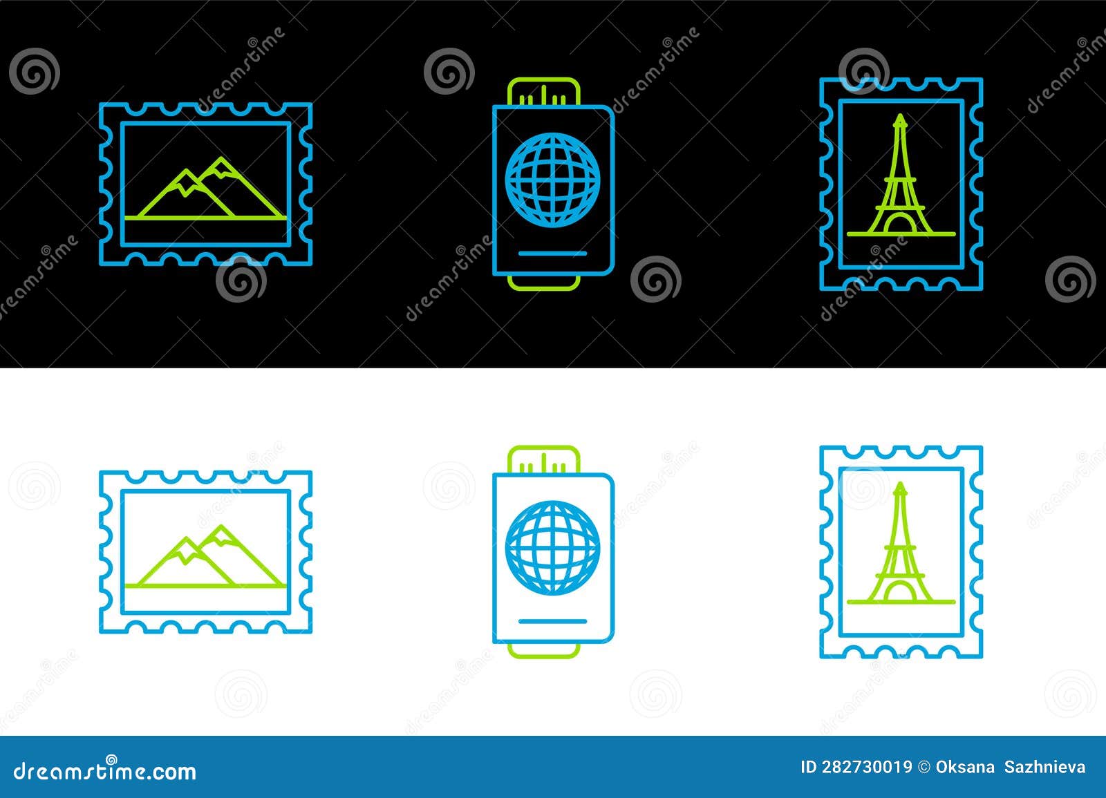 Set Line Postal Stamp and Eiffel Tower, Mountains and Passport with