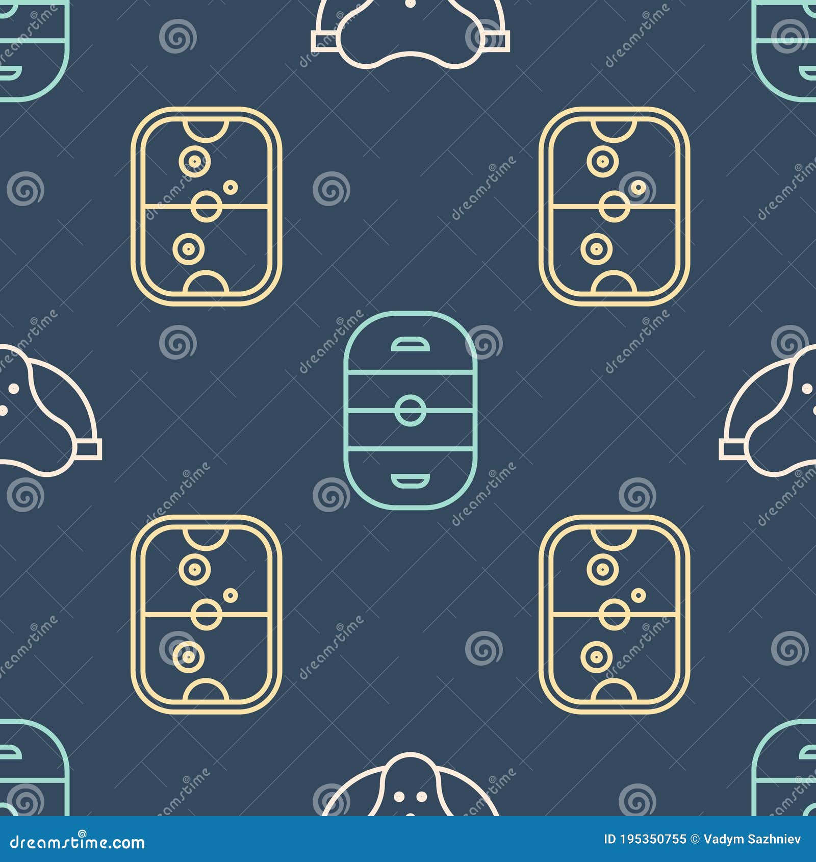 set line protective sport jockstrap, air hockey table and ice hockey rink on seamless pattern. 