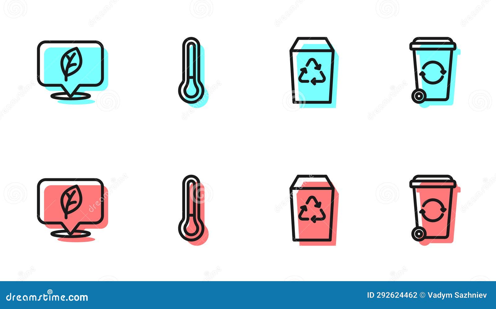Set Line Recycle Bin, Location with Leaf, Thermometer and Icon. Vector