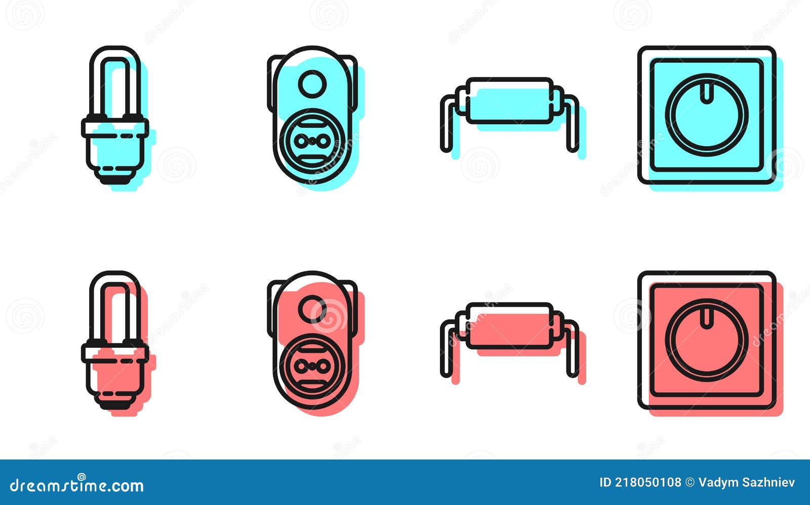 Set Line Resistor Electricity, LED Light Bulb, Electrical Outlet and Electric Light Switch Icon