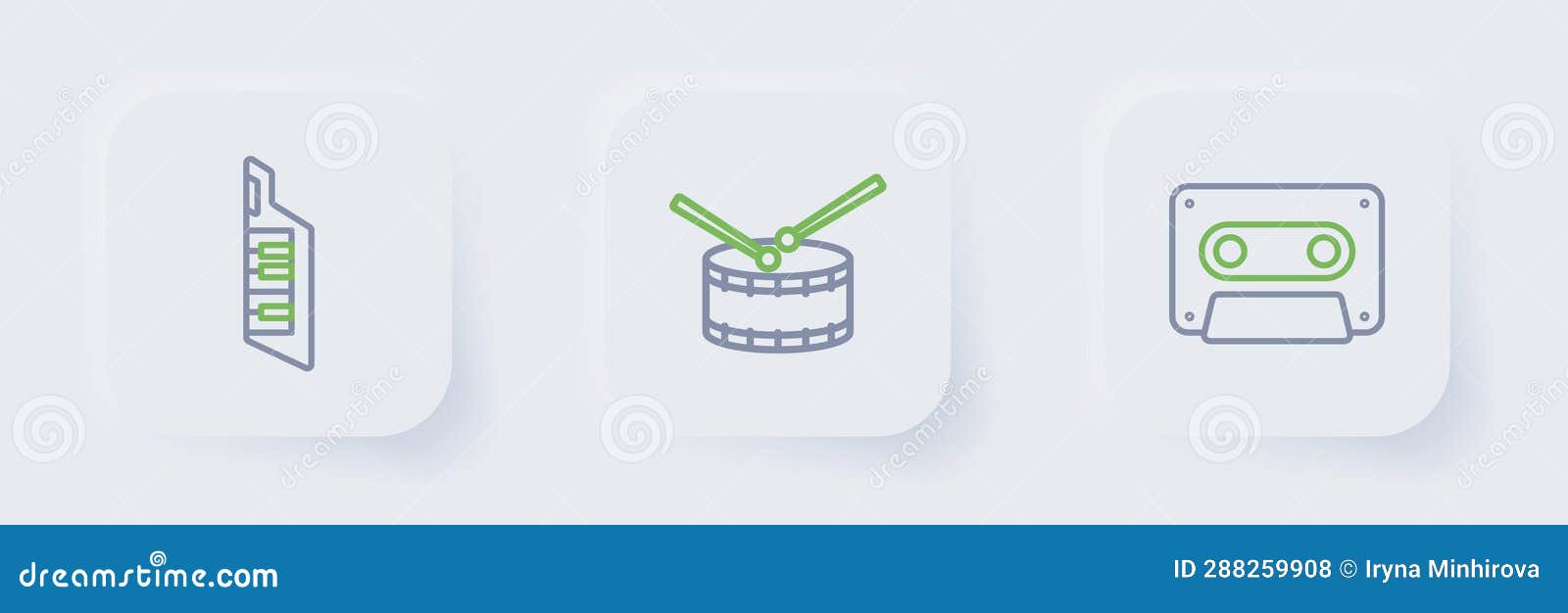 set line retro audio cassette tape, drum with drum sticks and keytar icon. 