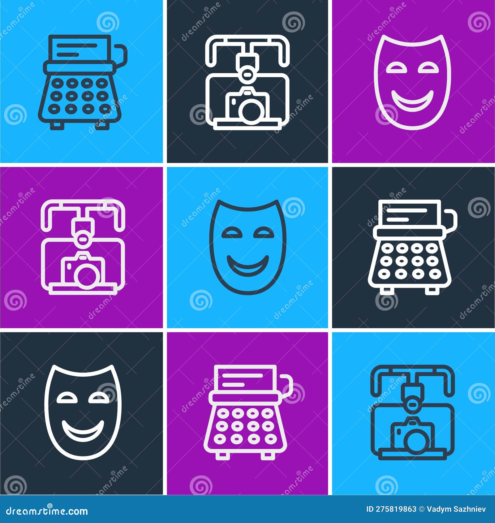 Set Line Retro Typewriter, Comedy Theatrical Mask and Gimbal Stabilizer