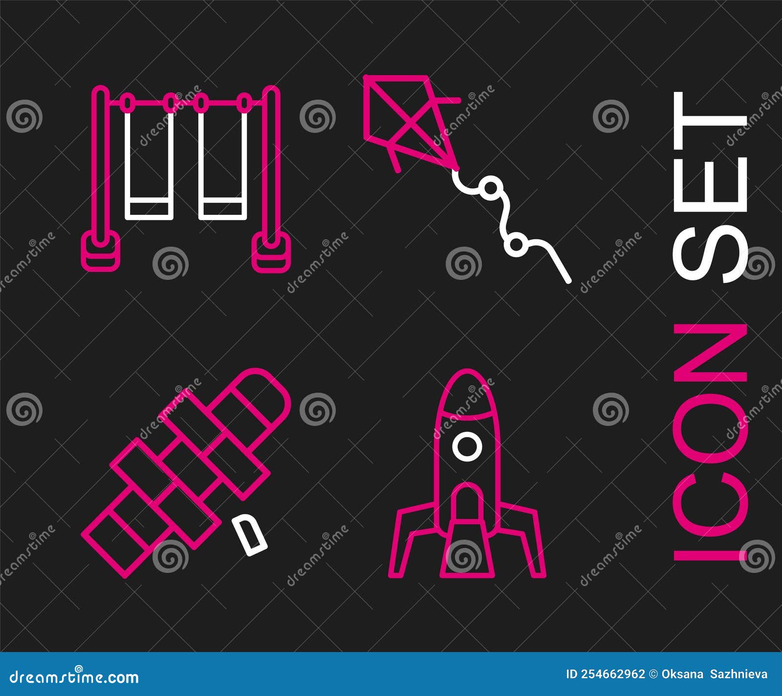 Set Line Rocket Ship, Hopscotch, Kite and Double Swing Icon. Vector