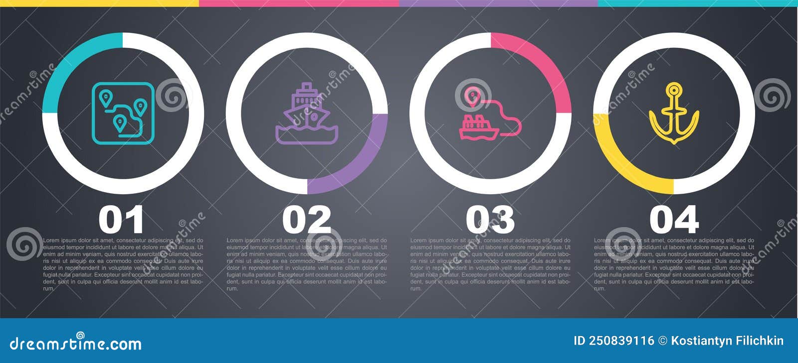 set line route location, cruise ship, ship line path and anchor. business infographic template. 