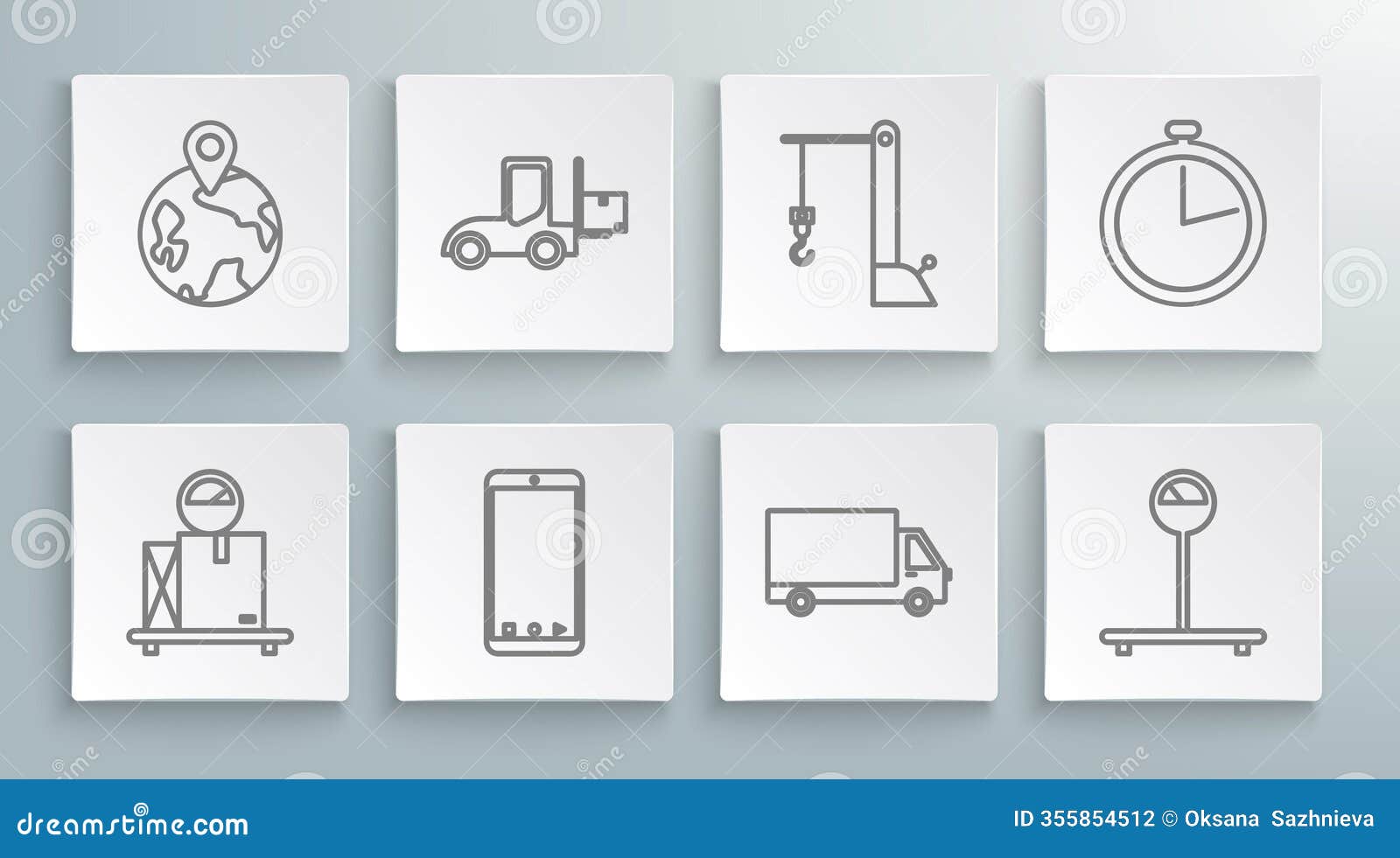 set line scale with cardboard box, forklift truck, mobile phone app delivery tracking, delivery cargo vehicle, harbor
