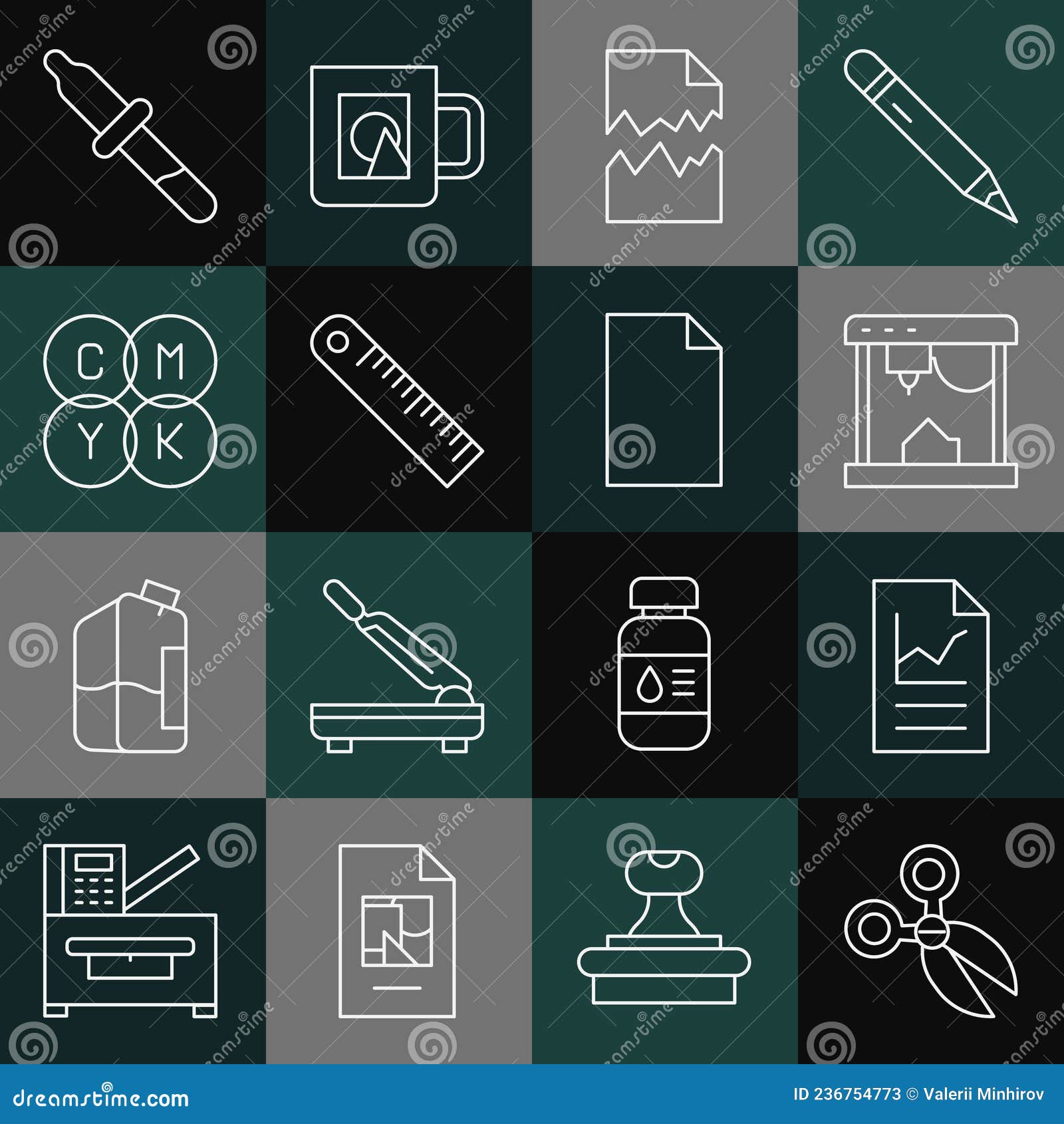 Set Line Scissors, Document with Graph Chart, 3D Printer, Torn 