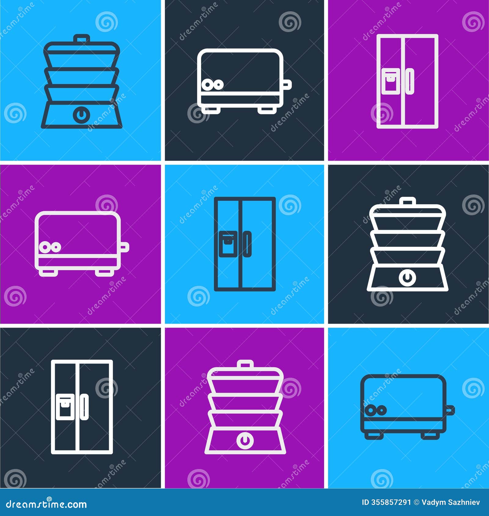 set line slow cooker, refrigerator and toaster icon. 