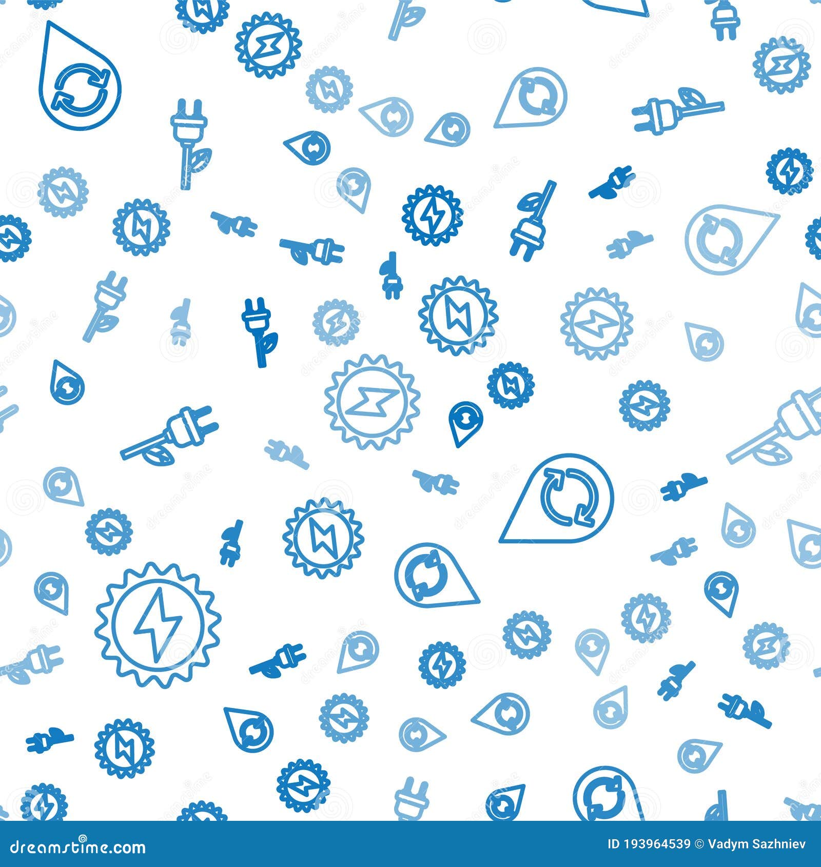 set line solar energy panel, recycle clean aqua and electric saving plug in leaf on seamless pattern. 