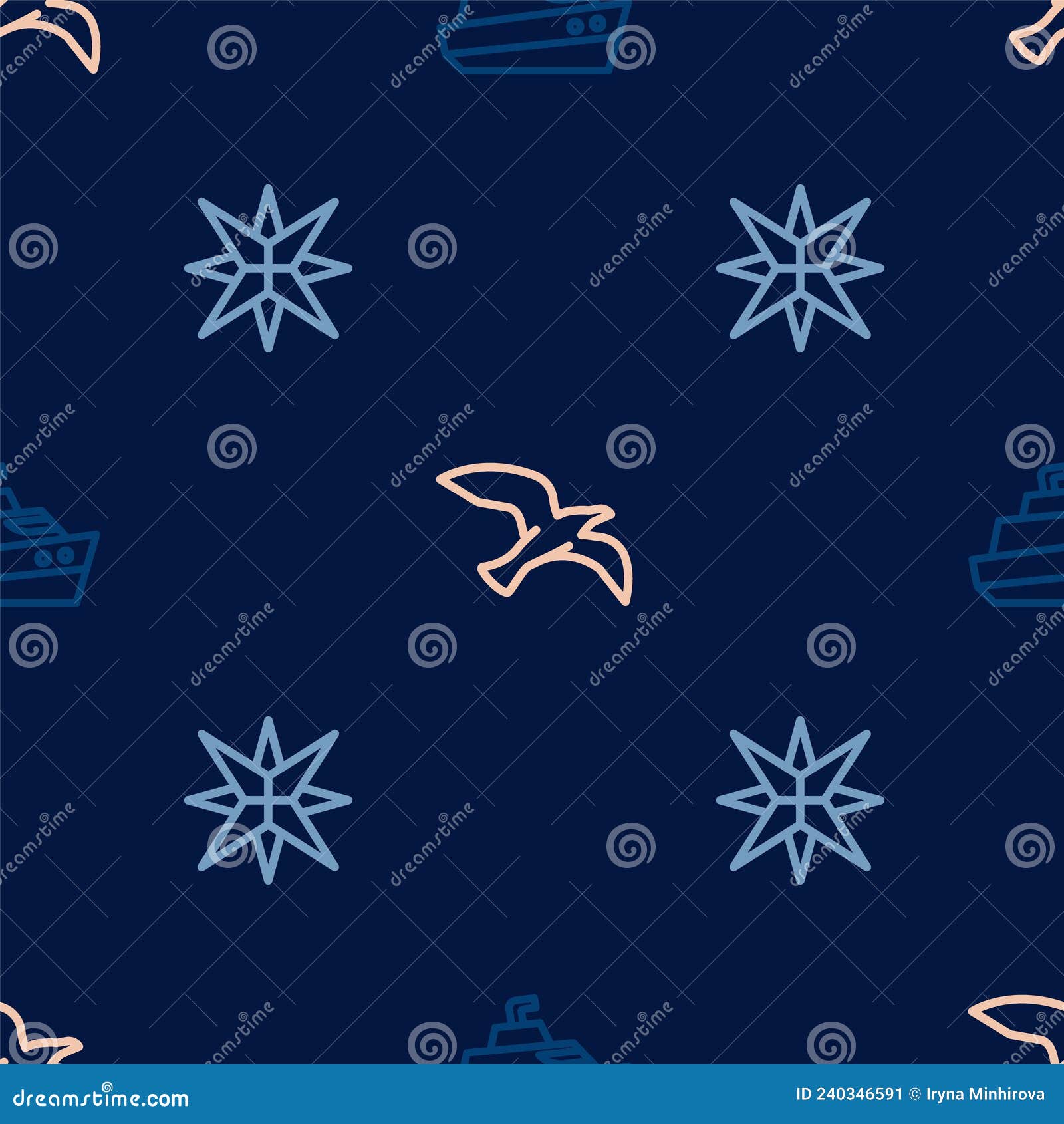 set line speedboat, wind rose and bird seagull on seamless pattern. 