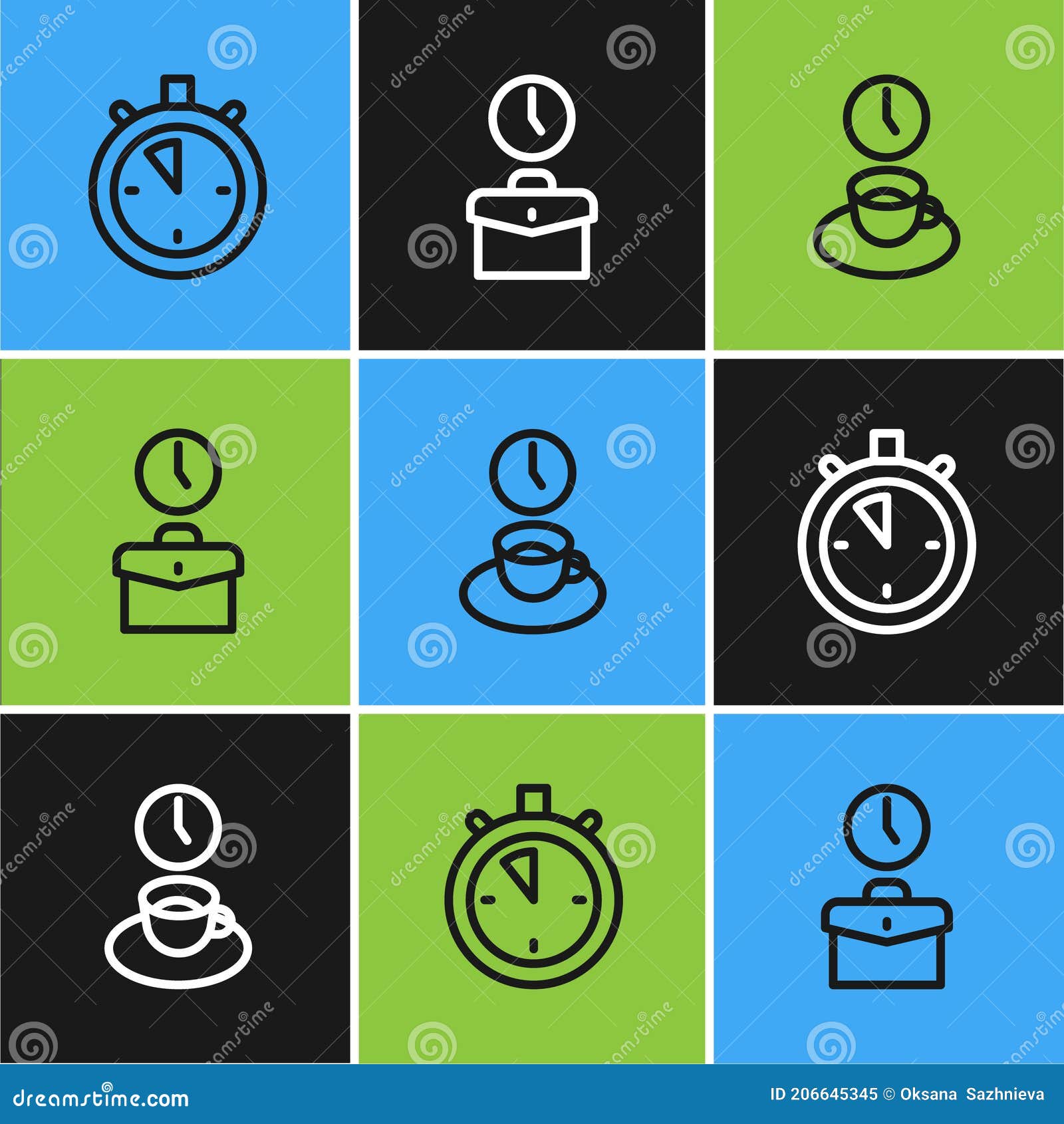 Set Line Stopwatch, Coffee Time and Work Icon. Vector Stock