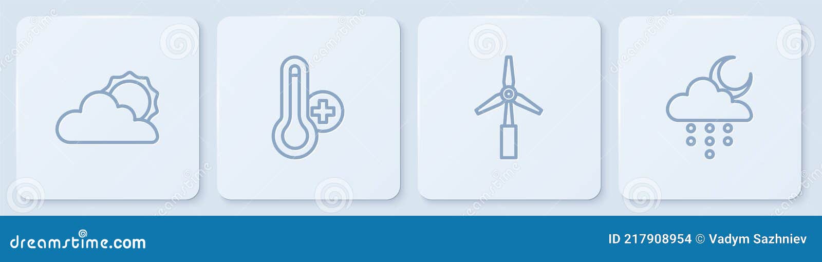 set line sun and cloud weather, wind turbine, meteorology thermometer and cloud with rain moon. white square button