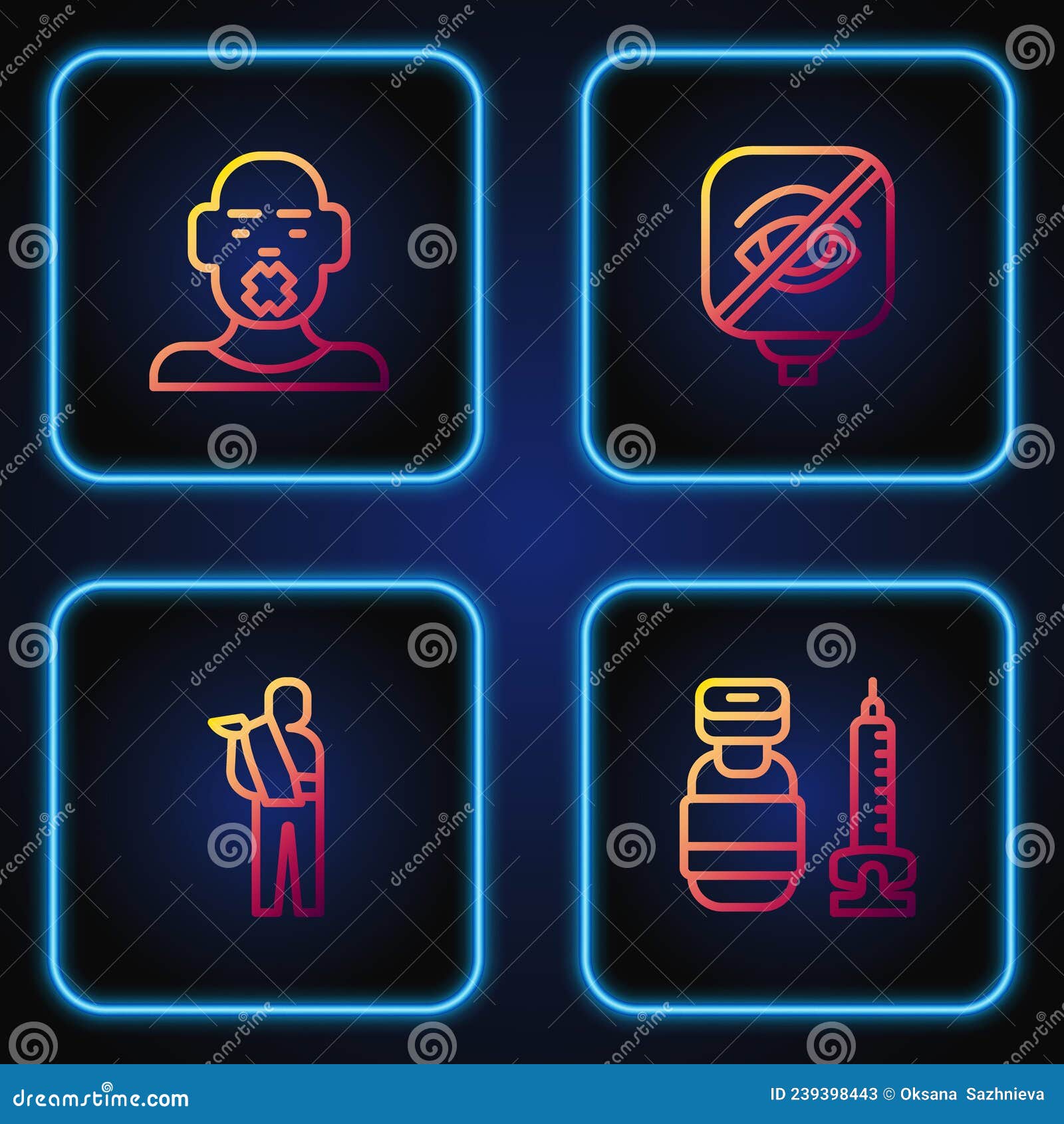 set line syringe, human broken arm, head of deaf and dumb and blindness. gradient color icons. 