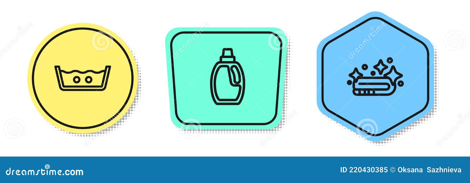 Set Line Temperature Wash, Bottle for Cleaning Agent and Towel Stack. Colored Shapes Stock