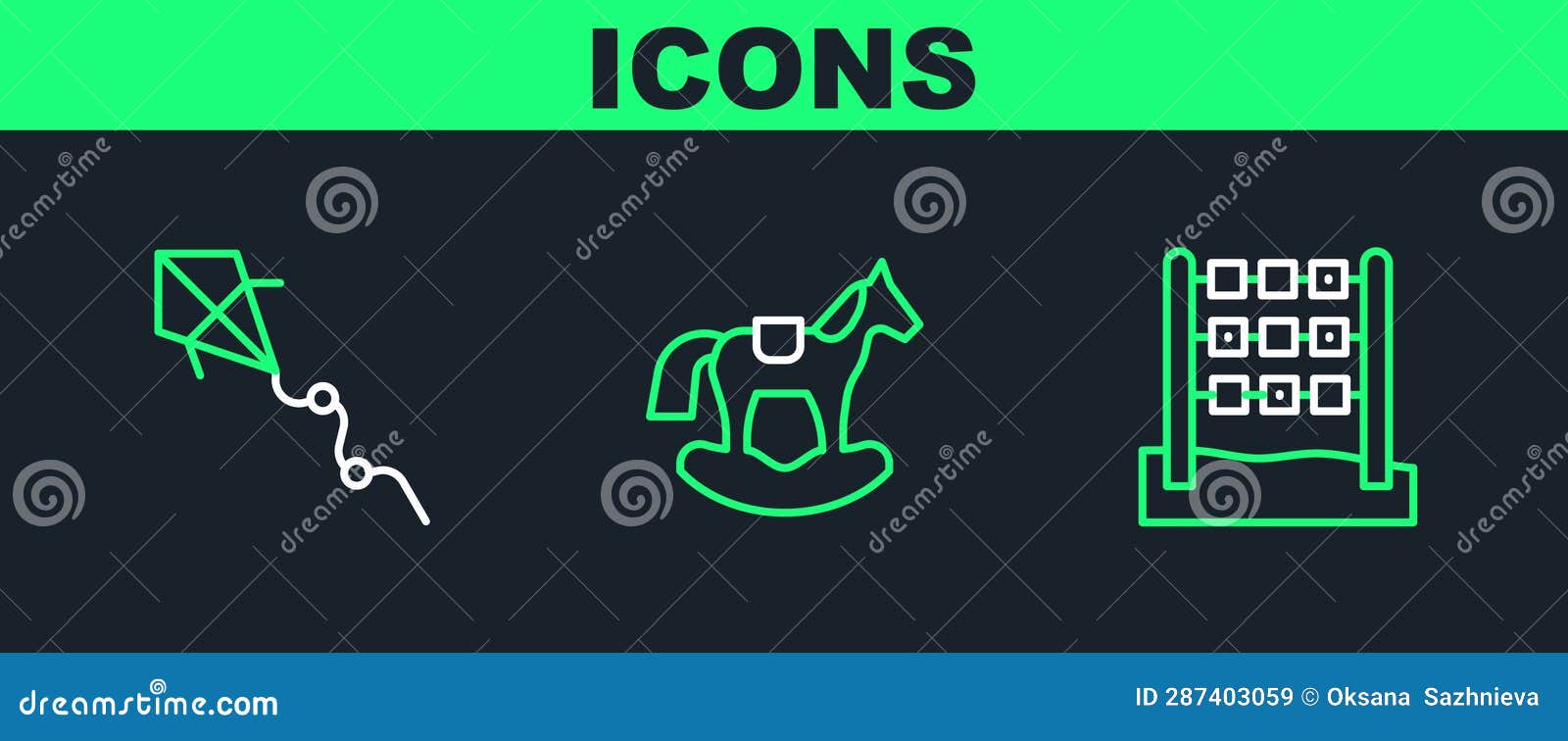 Set Line Tic Tac Toe Game, Kite and Horse in Saddle Swing Icon. Vector