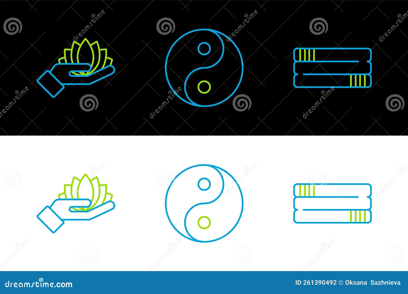 set line towel stack, lotus flower and yin yang icon. 