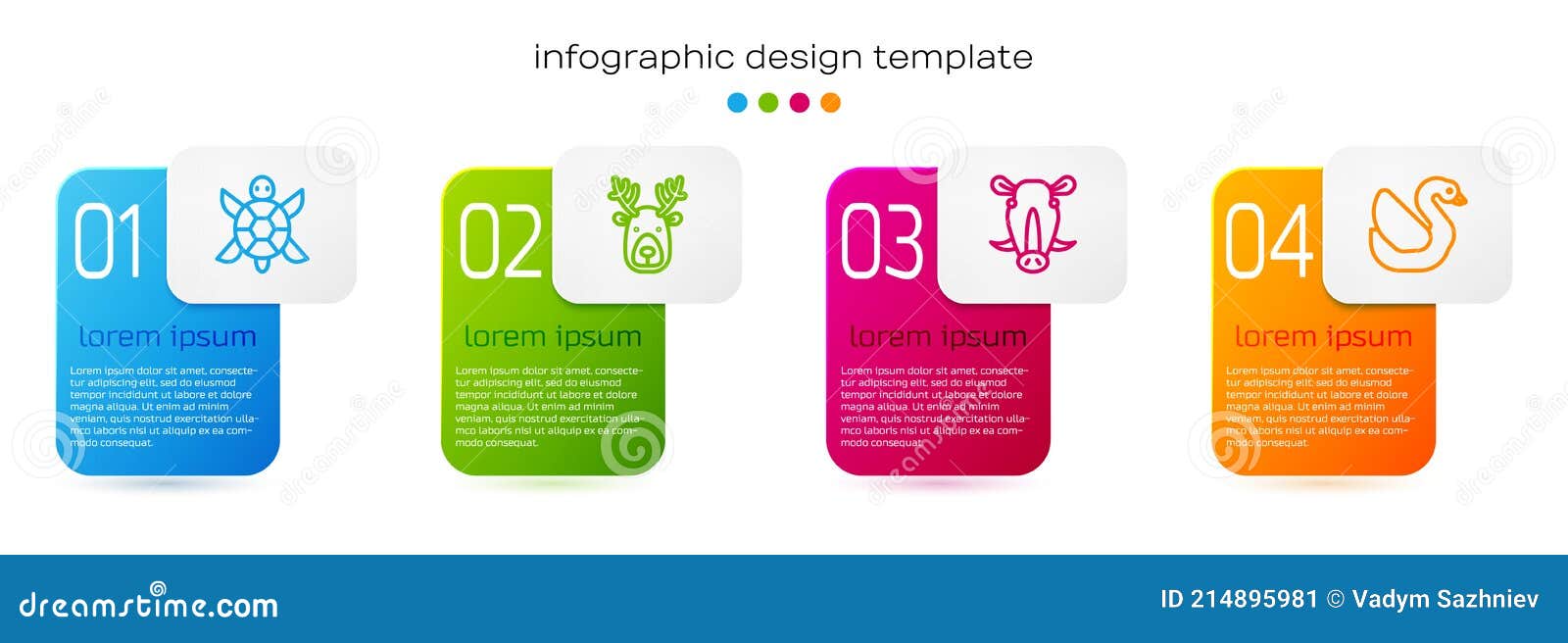 set line turtle, deer head with antlers, wild boar and swan bird. business infographic template. 