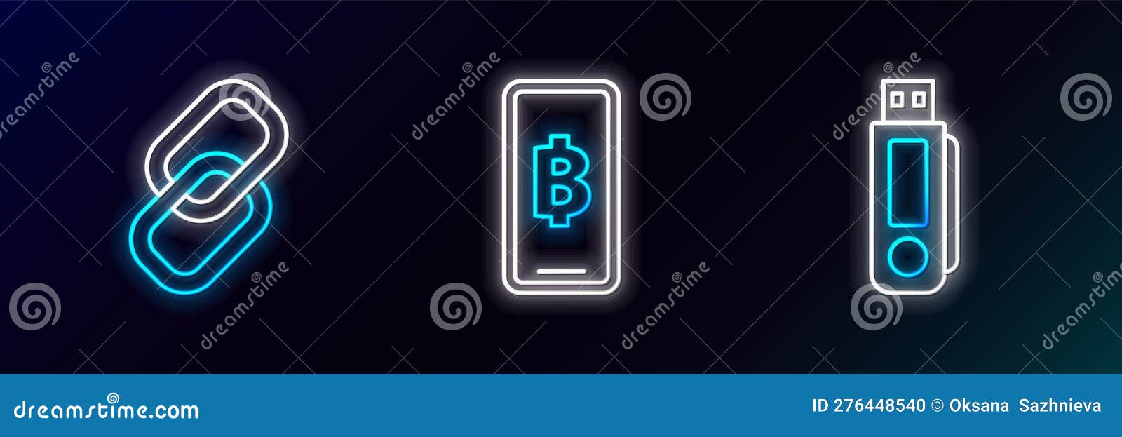 Set Line USB Flash Drive, Chain Link and Phone Mobile and Cryptocurrency  Coin Bitcoin Icon. Glowing Neon. Vector Stock Vector - Illustration of  storage, button: 276448540
