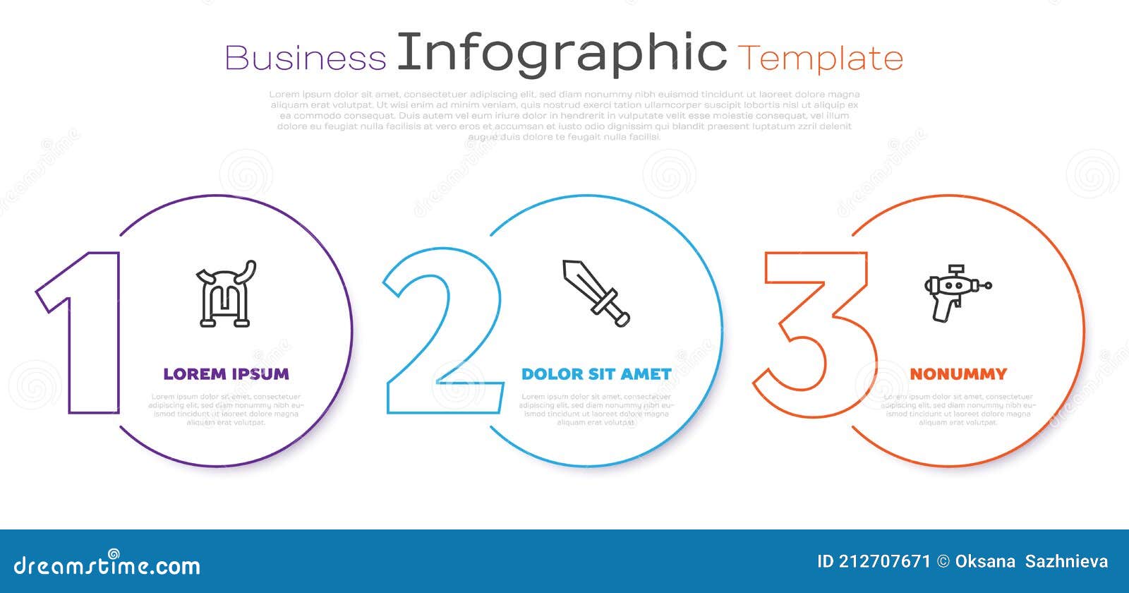 set line viking in horned helmet, sword for game and ray gun. business infographic template. 
