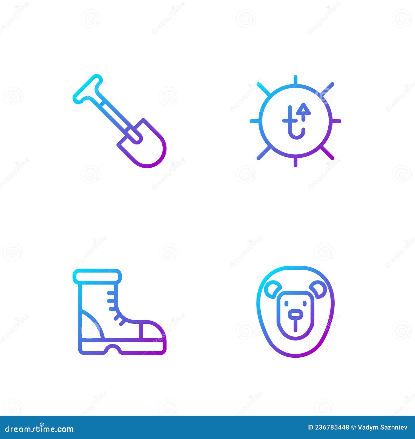 set line wild lion, hunter boots, shovel and sun. gradient color icons. 