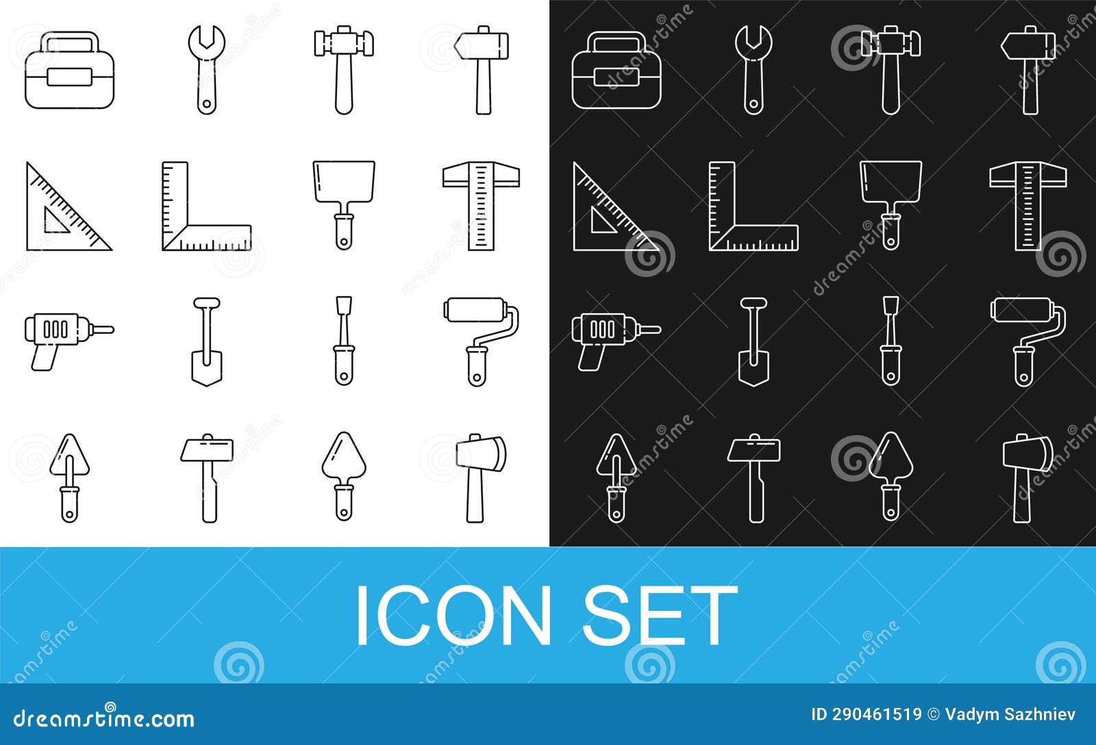 set line wooden axe, paint roller brush, t-square line, hammer, corner ruler, triangular, toolbox and putty knife icon