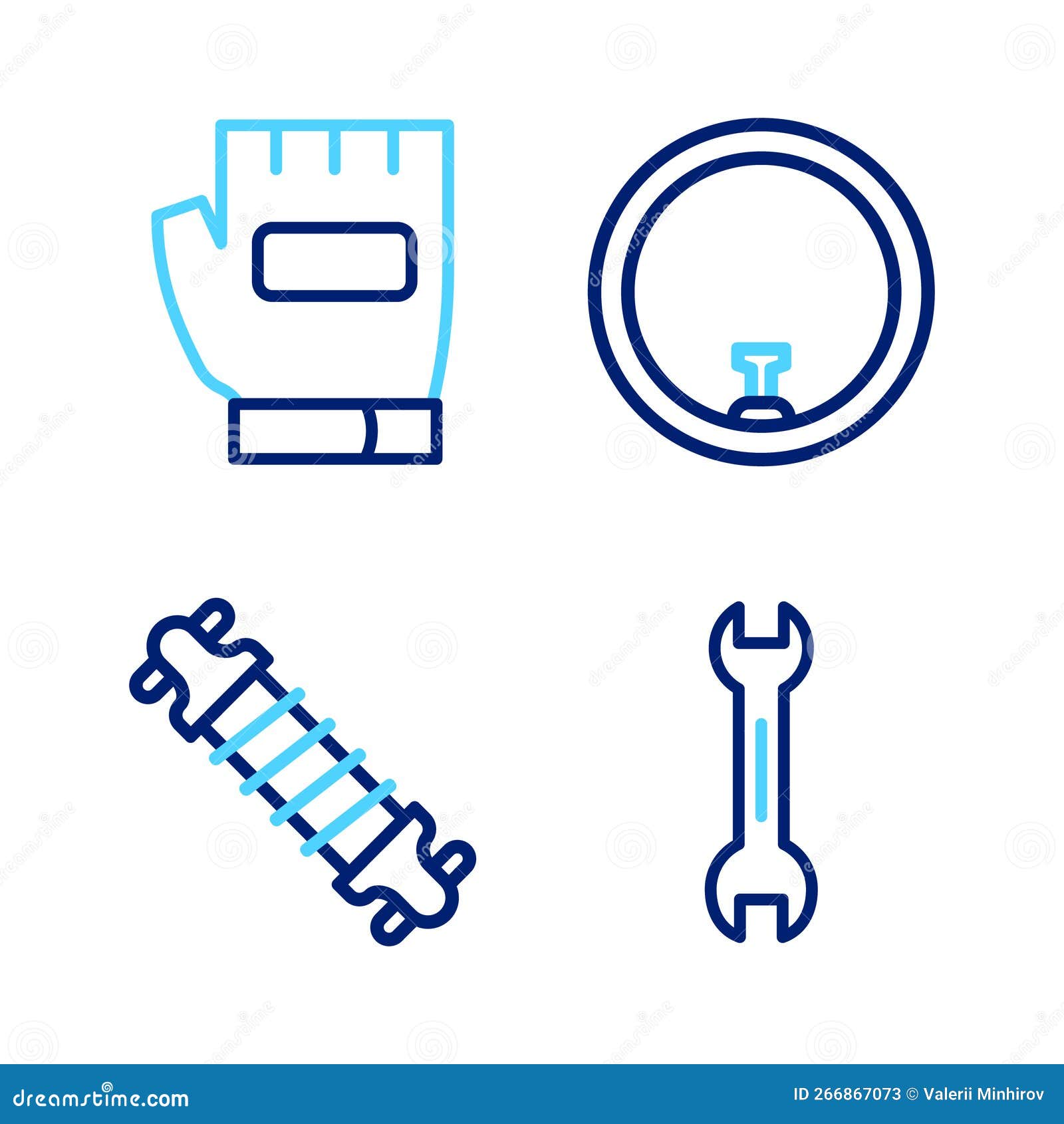 Set Line Wrench Spanner, Bicycle Suspension, Wheel and Gloves Icon