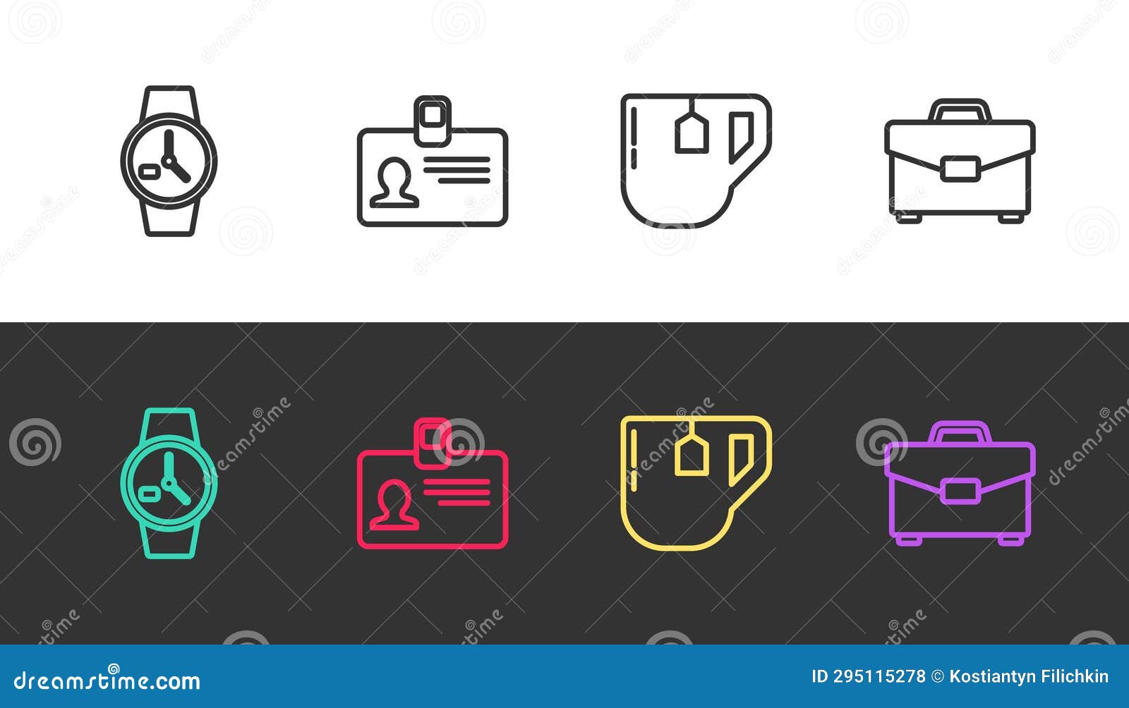 Set Line Wrist Watch, Identification Badge, Cup of Tea with Tea Bag and