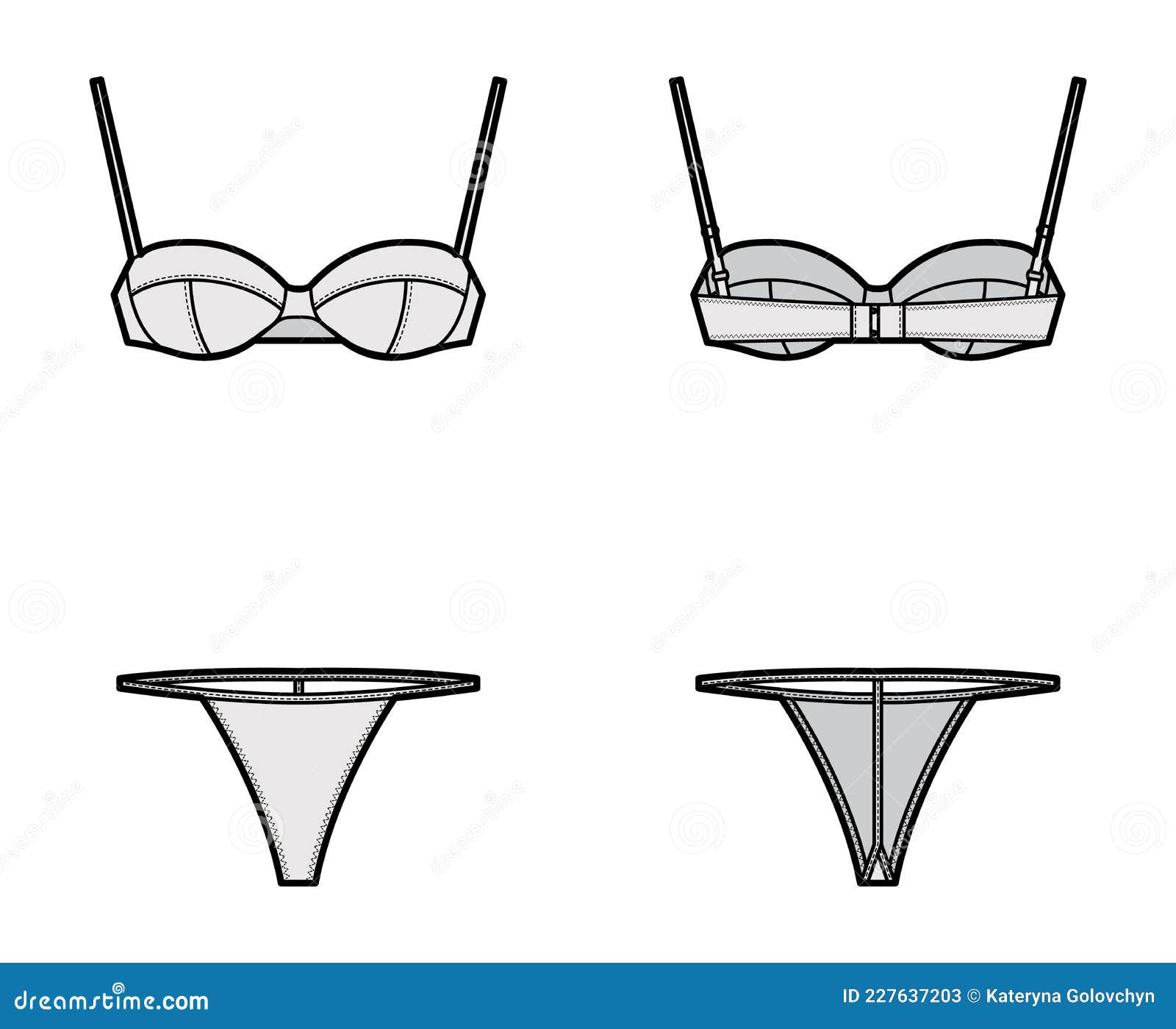 Set of Lingerie - Balconette Bra and T-back String Panties Technical  Fashion Illustration with Adjustable Straps Stock Vector - Illustration of  waist, card: 227637203