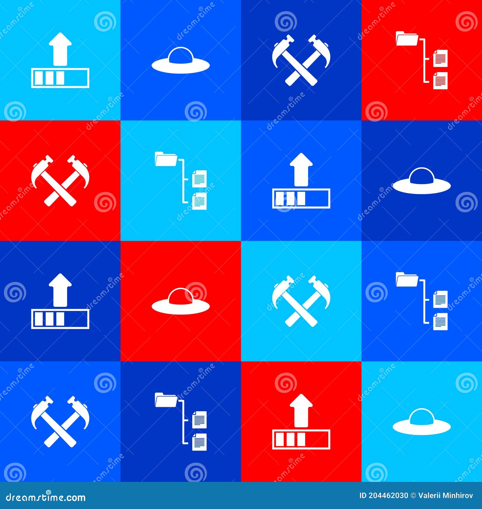 Set Loading, UFO Flying Spaceship, Two Crossed Hammers and Folder Tree