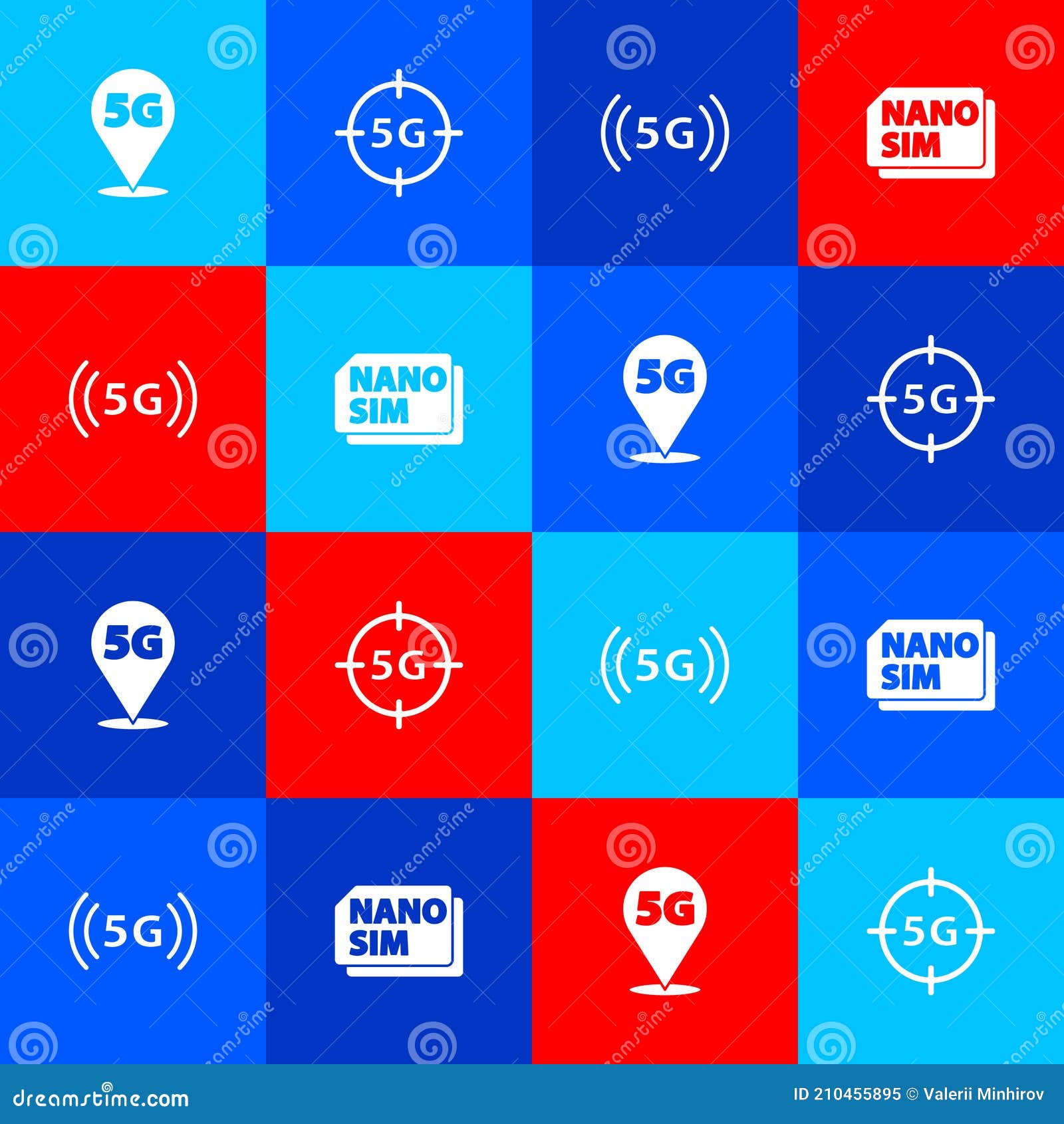 Set Location 5G Network, , and Nano Sim Card Icon. Vector Stock Vector