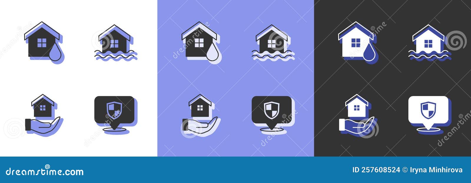 Set Location Shield, House Flood, in Hand and Icon. Vector Stock