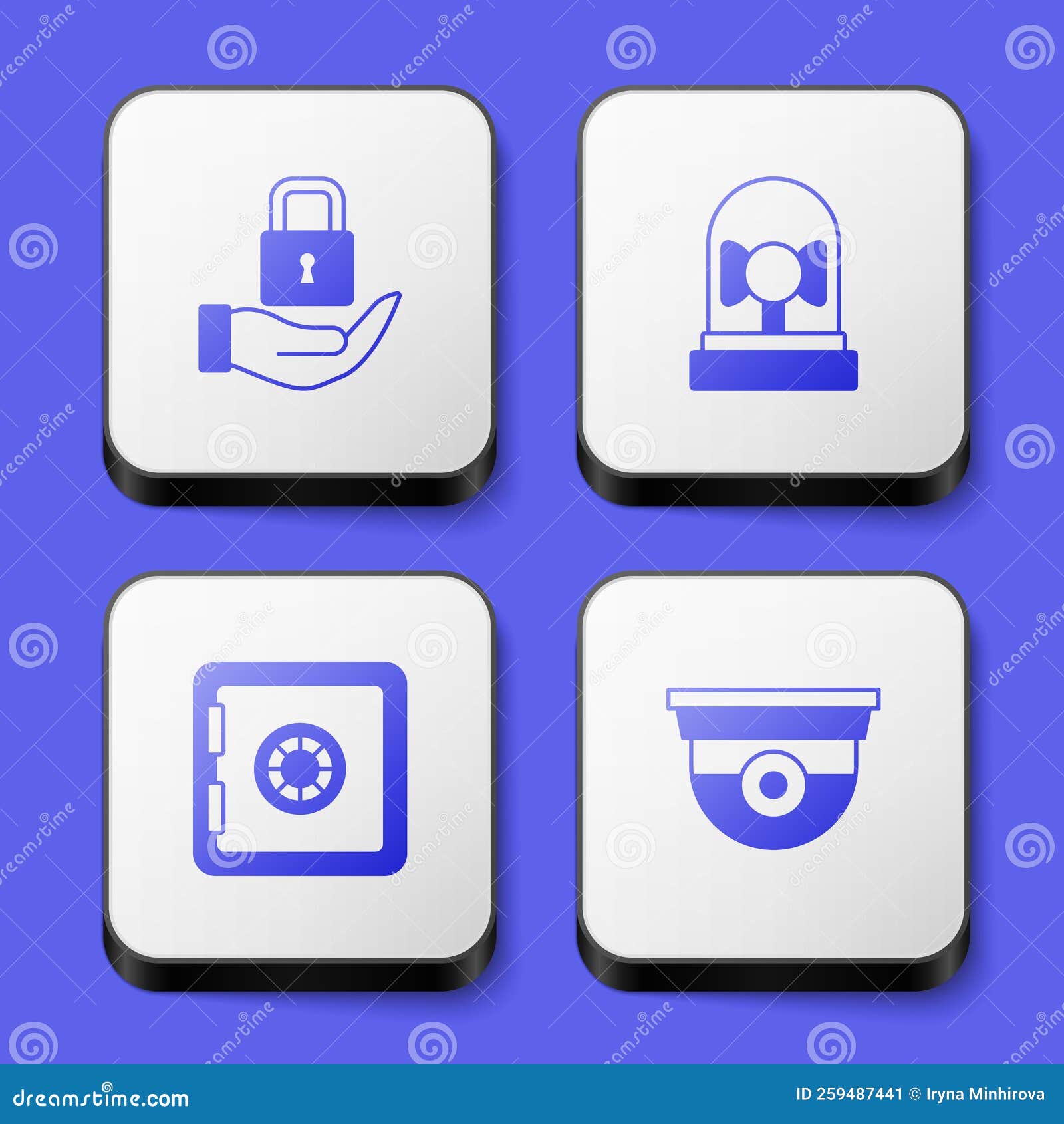 Set Lock, Ringing Alarm Bell, Safe and Security Camera Icon. White