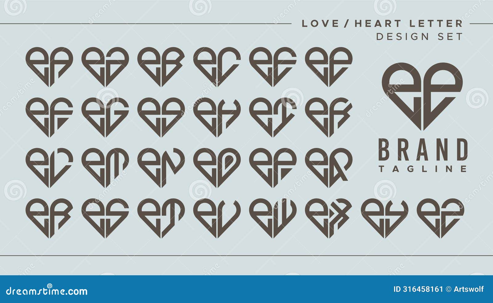 set of love heart lowercase letter e ee logo 